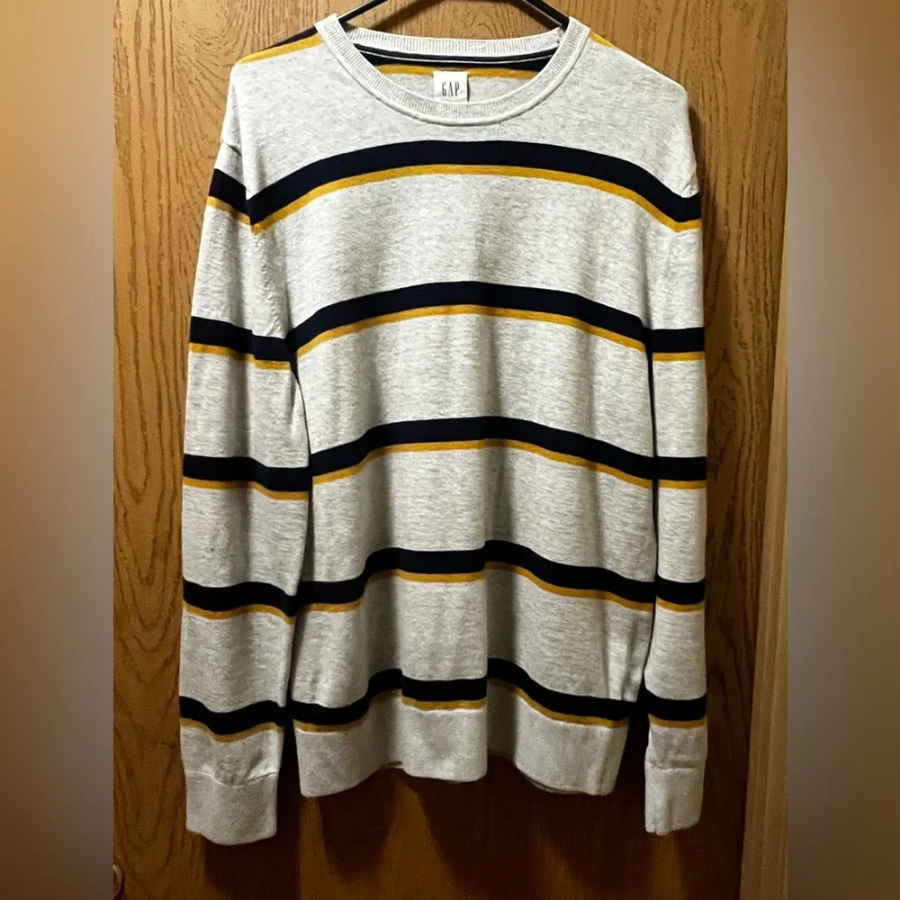 GAP Men's Crewneck Sweater - White, Navy, Yellow Stripes